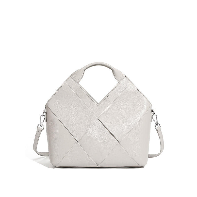 Top layer genuine leather woven handbag inverted triangle design fashionable soft leather handbag crossbody bag for women