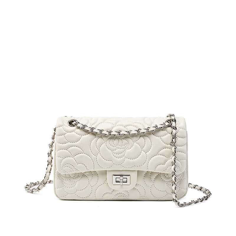 Genuine leather small Chanel style camellia shoulder bag diamond texture chain crossbody bag