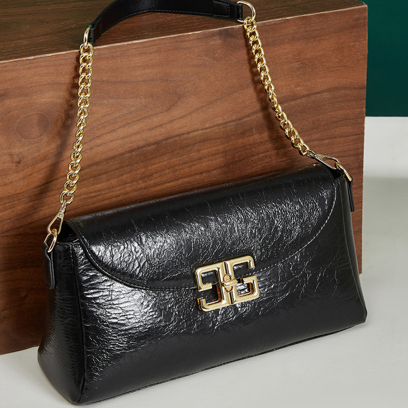 Genuine leather first layer oil wax shoulder bag cowhide fashionable light luxury crossbody bag