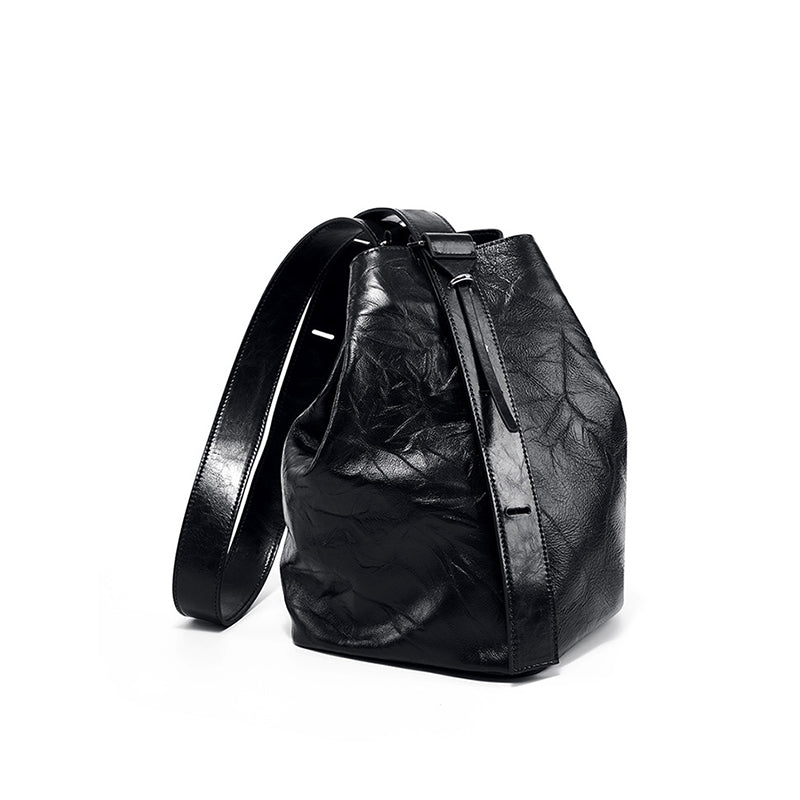 Lazy and comfortable wrinkled bucket bag first layer cowhide women's high-grade tote bag