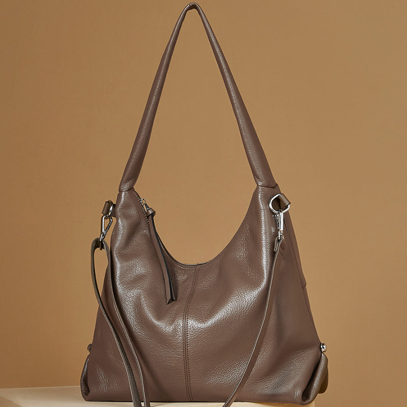 Genuine leather large capacity tote bag stylish trendy solid color casual commuter shoulder bag