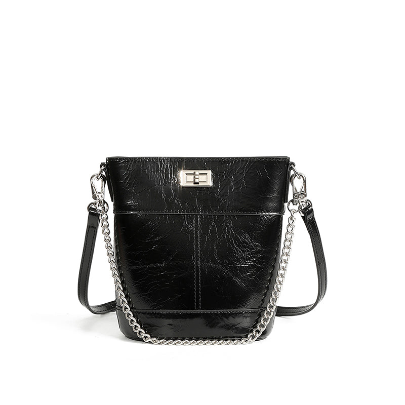 Waxed top layer cowhide fashionable genuine leather bucket bag light luxury women's bag simple mobile phone coin purse