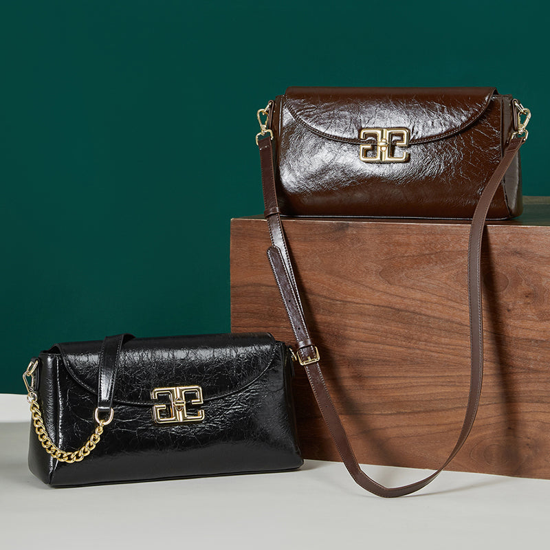 Genuine leather first layer oil wax shoulder bag cowhide fashionable light luxury crossbody bag