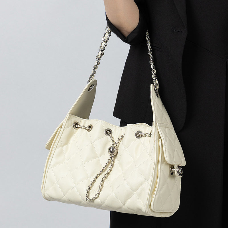 Diamond-patterned genuine leather shoulder underarm bag caviar pattern large-capacity hobo bag bucket drawstring bag chain women's bag