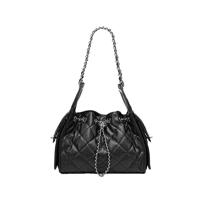 Diamond-patterned genuine leather shoulder underarm bag caviar pattern large-capacity hobo bag bucket drawstring bag chain women's bag