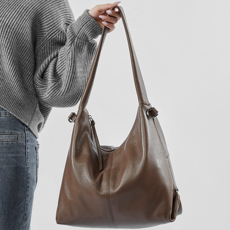 Genuine leather large capacity tote bag stylish trendy solid color casual commuter shoulder bag