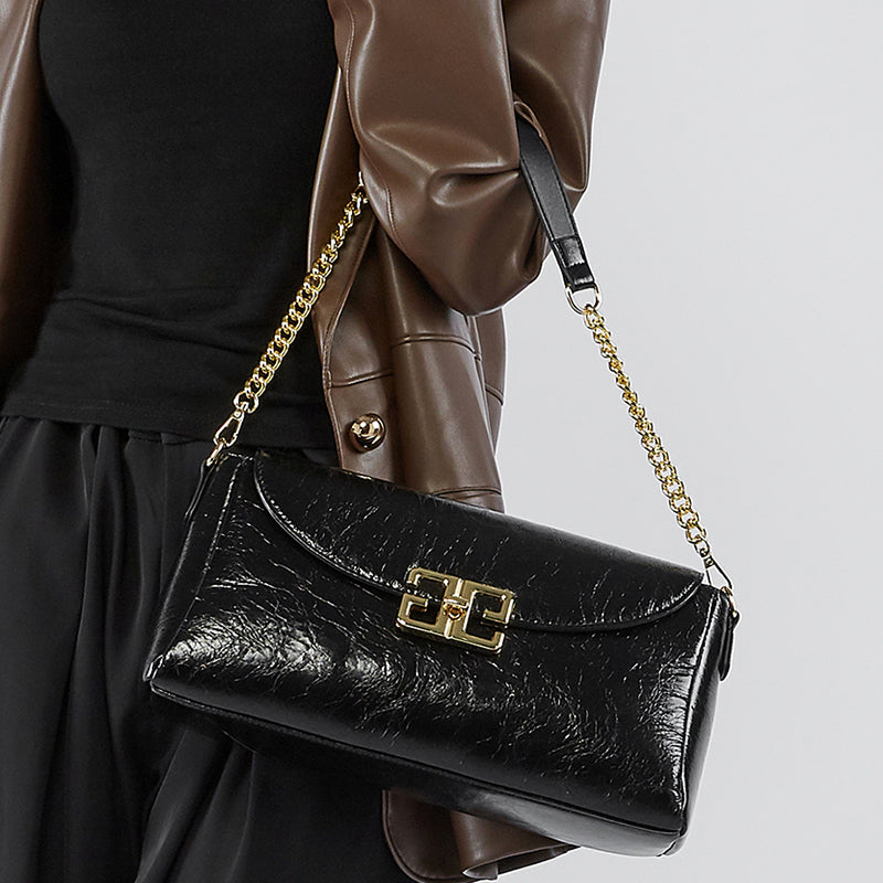 Genuine leather first layer oil wax shoulder bag cowhide fashionable light luxury crossbody bag