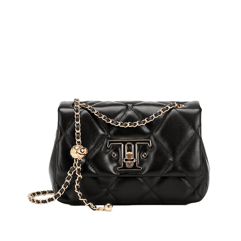 Lock buckle top layer leather shoulder crossbody bag diamond chain small square bag women's bag