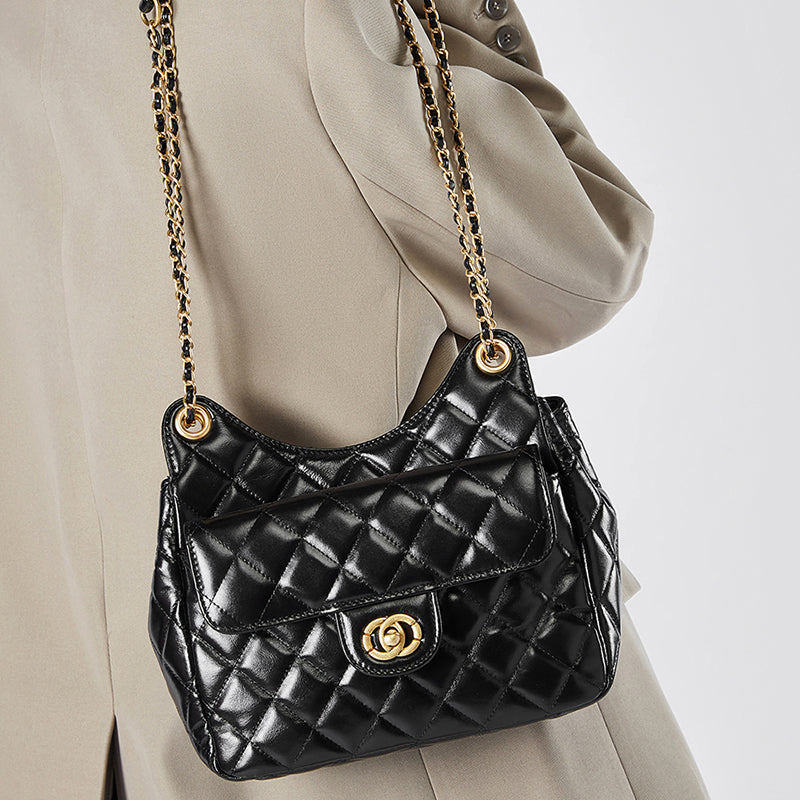 First layer of cowhide hobo bag genuine leather Chanel style fashionable versatile shoulder crossbody bag