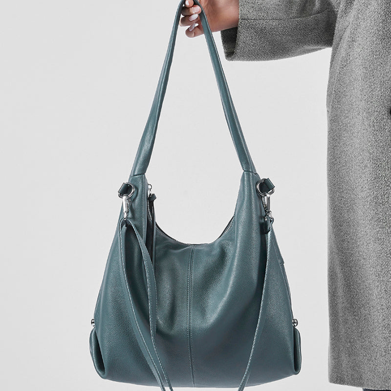 Genuine leather large capacity tote bag stylish trendy solid color casual commuter shoulder bag