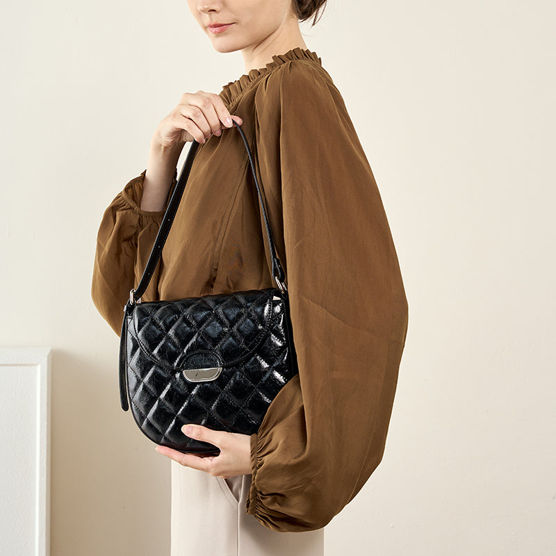 Genuine leather niche semi-circular saddle bag diamond-shaped underarm bag shoulder crossbody bag
