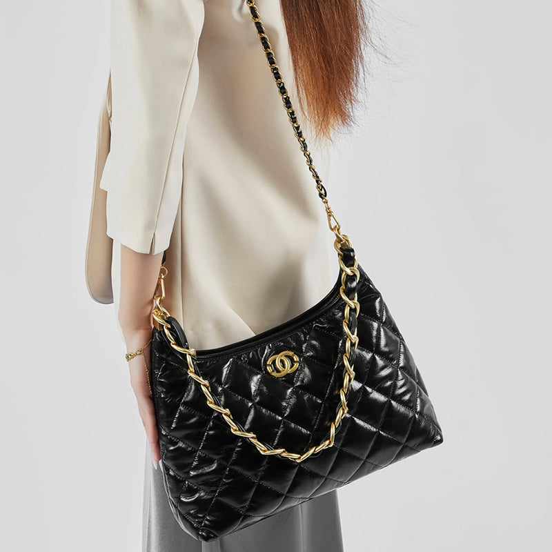Genuine leather Chanel style shoulder bag chain hobo underarm bag diamond crossbody bag