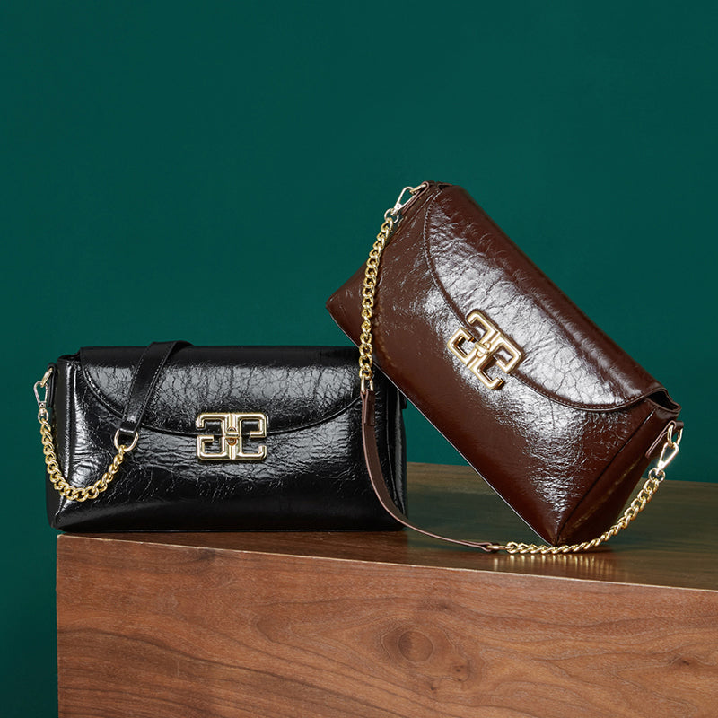 Genuine leather first layer oil wax shoulder bag cowhide fashionable light luxury crossbody bag
