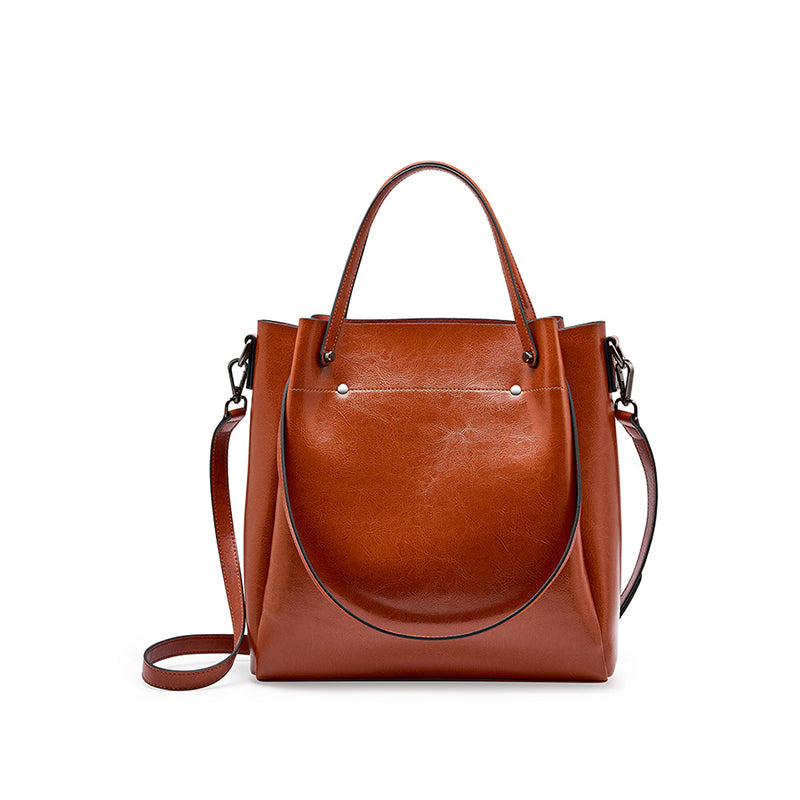 Genuine leather shoulder tote bag crossbody women's bag large capacity cowhide bucket bag niche design