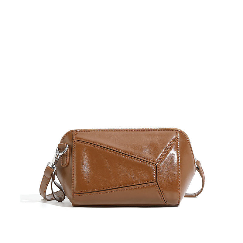 Vegetable tanned cowhide retro leather shoulder bag stylish geometric splicing crossbody bag high-end sense of all-match fashion women's bag