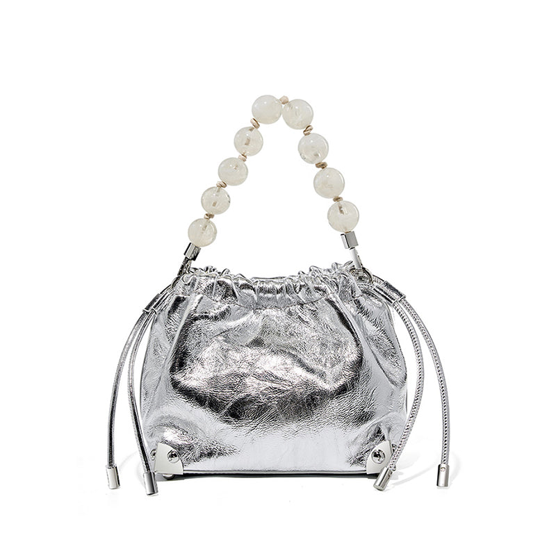 Genuine leather new Chinese style beaded handbag first layer cowhide wrinkled shoulder crossbody bag