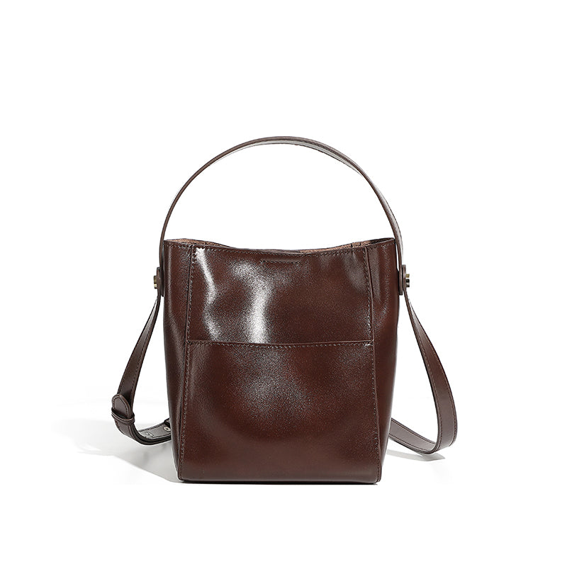 Genuine leather vintage vegetable tanned cowhide bucket bag niche pocket handbag shoulder bag versatile crossbody bag women's bag