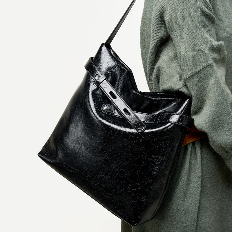 Genuine leather waxed tote bag women's bag large capacity shoulder bag commuter underarm bag original design
