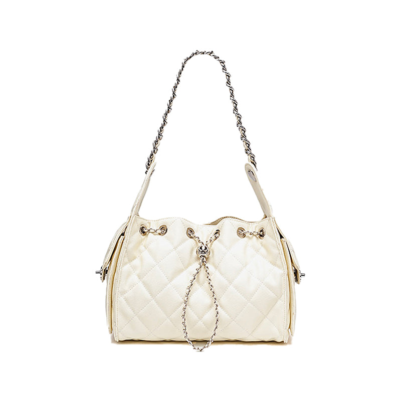 Diamond-patterned genuine leather shoulder underarm bag caviar pattern large-capacity hobo bag bucket drawstring bag chain women's bag