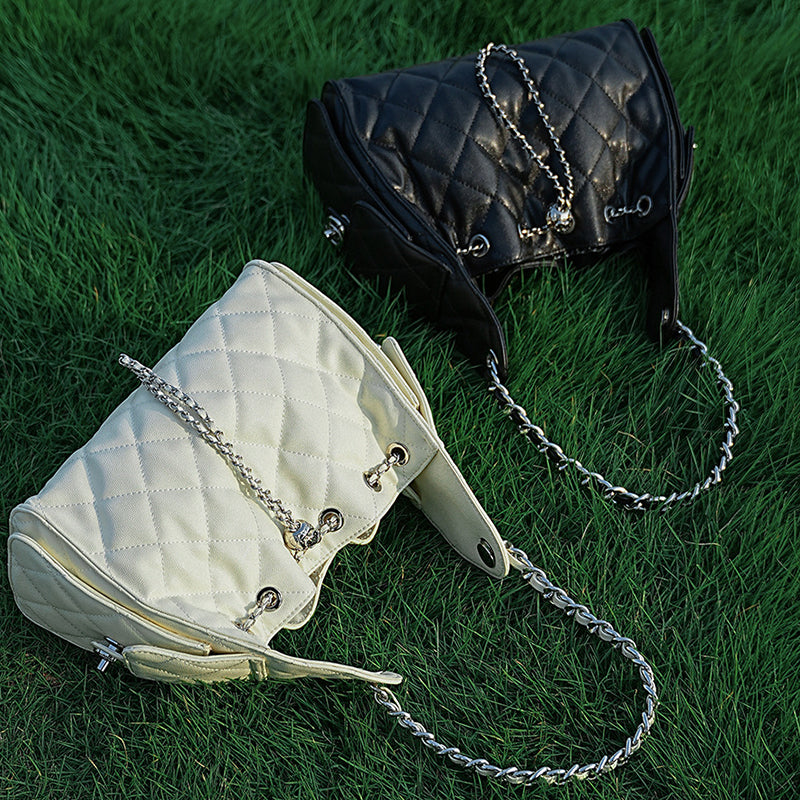 Diamond-patterned genuine leather shoulder underarm bag caviar pattern large-capacity hobo bag bucket drawstring bag chain women's bag