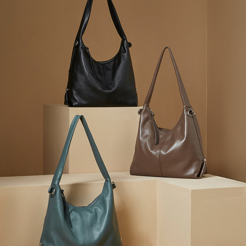 Genuine leather large capacity tote bag stylish trendy solid color casual commuter shoulder bag