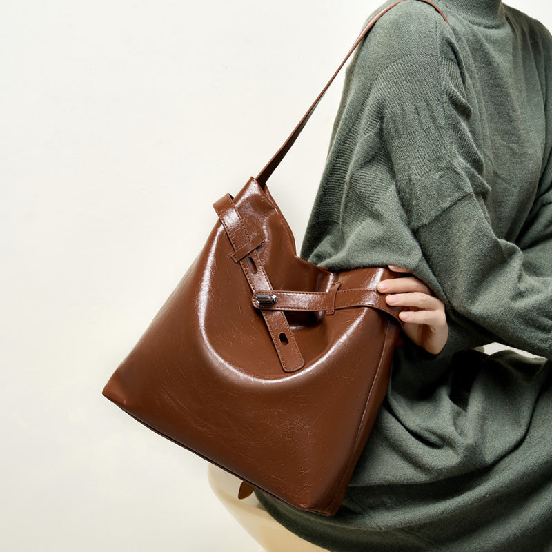 Genuine leather waxed tote bag women's bag large capacity shoulder bag commuter underarm bag original design