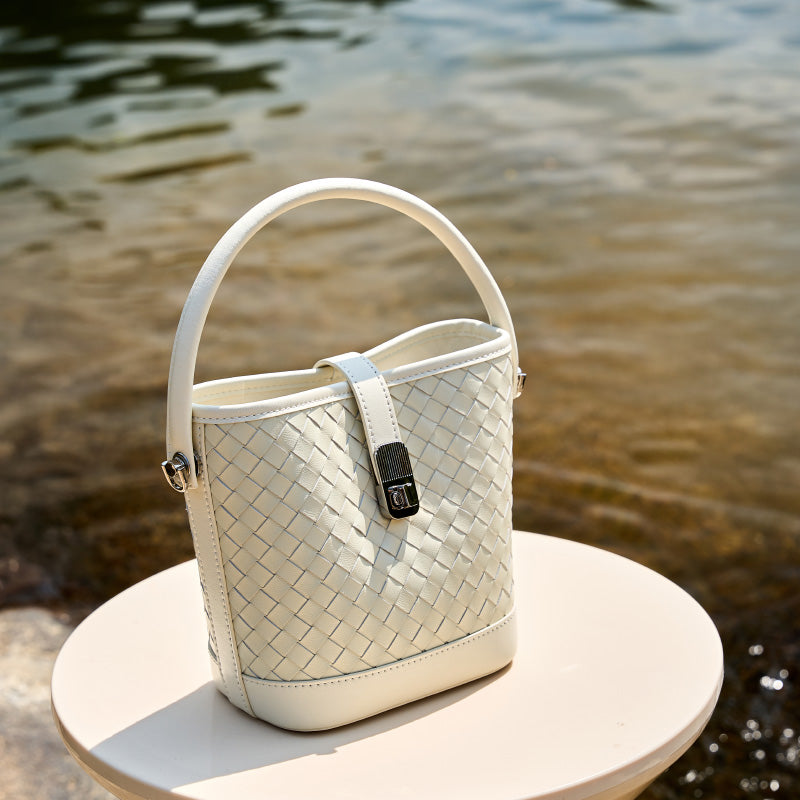 First layer sheepskin braided bucket bag shoulder handbag