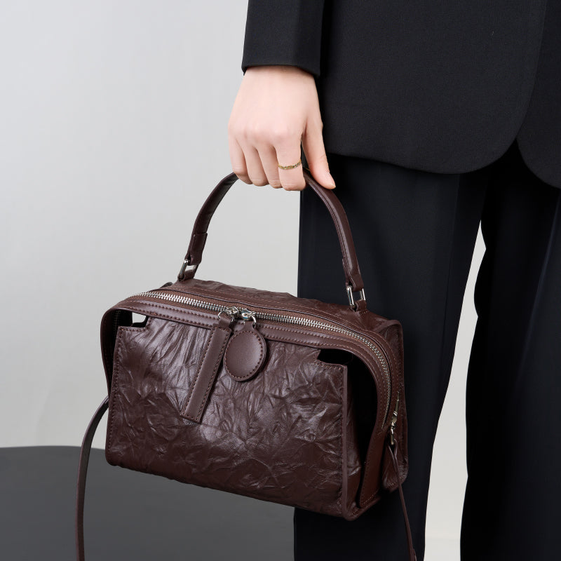 Genuine leather high-end Boston bag light luxury wrinkled cowhide handbag shoulder crossbody bag