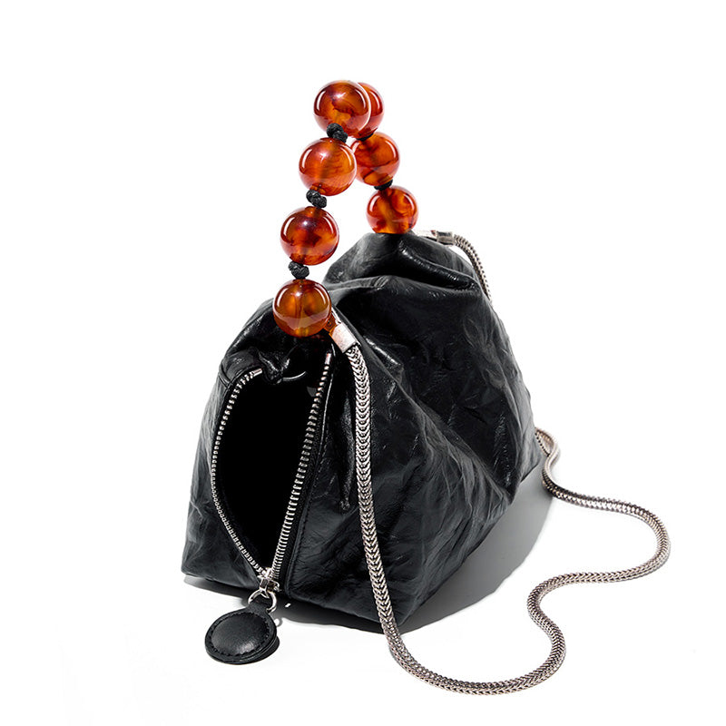 Genuine leather Chinese bead handbag niche cowhide single shoulder beaded crossbody bag