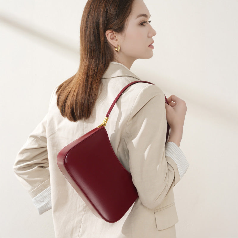 Genuine leather simple shoulder bag versatile baguette bag French style underarm retro women's bag
