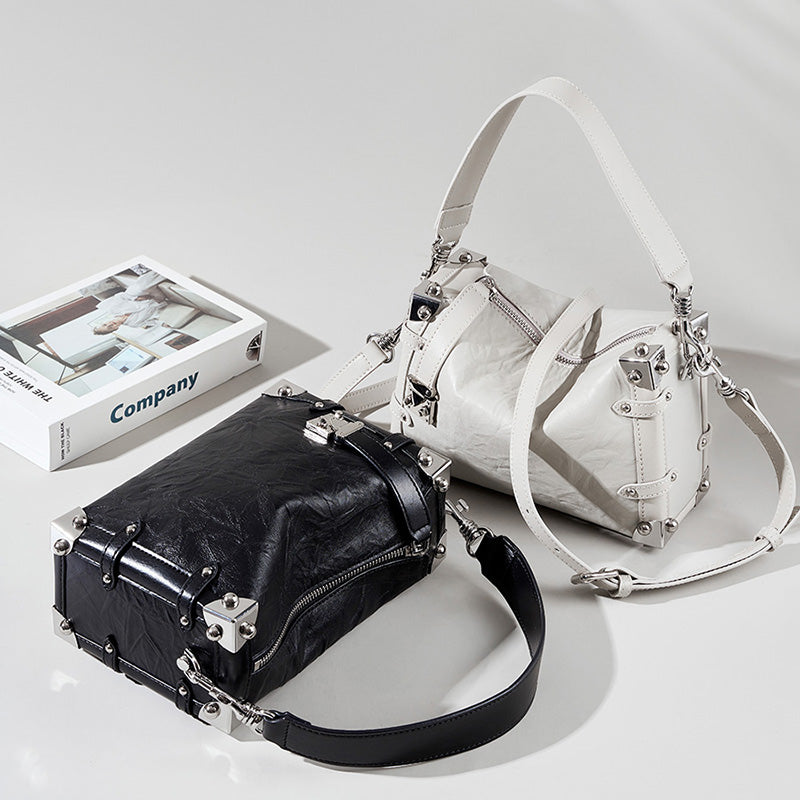 Willow rivet genuine leather handbag popular square soft box lazy style shoulder crossbody bag