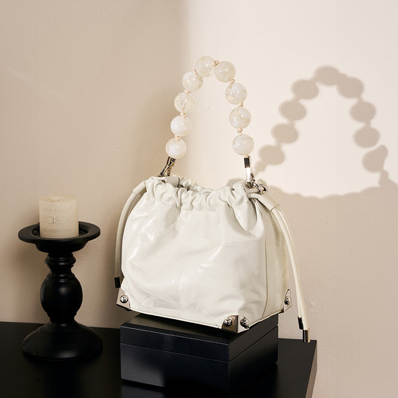 Genuine leather new Chinese style beaded handbag first layer cowhide wrinkled shoulder crossbody bag