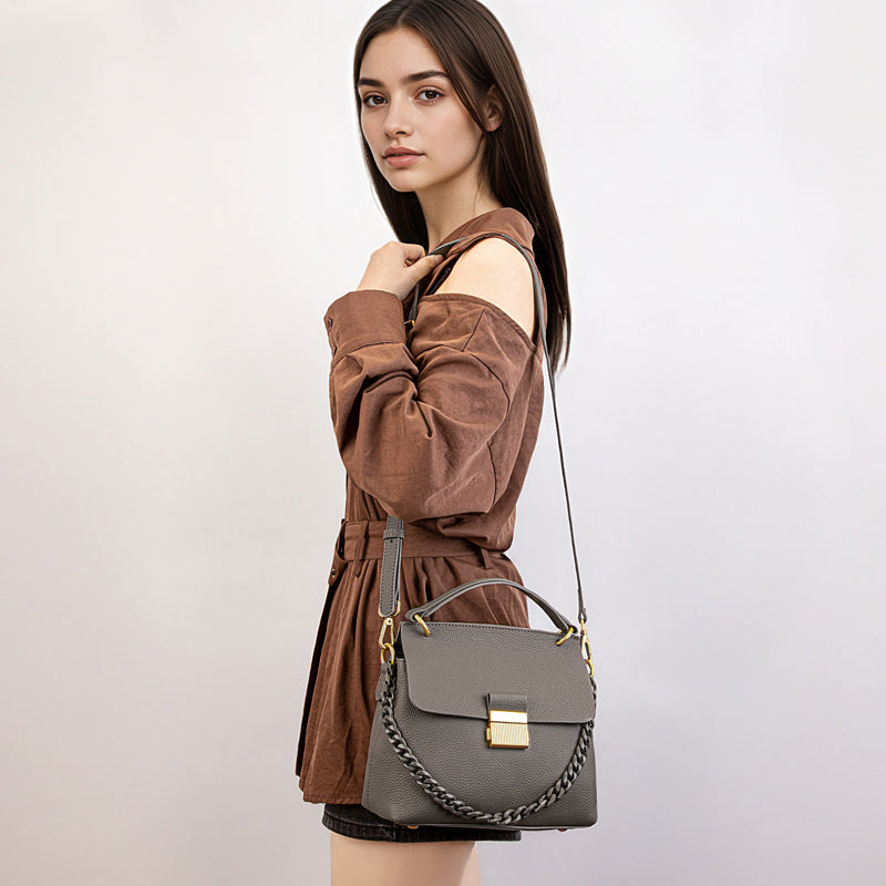 Genuine leather shoulder bag, shell chain bag, textured flip crossbody bag, large capacity commuter handbag