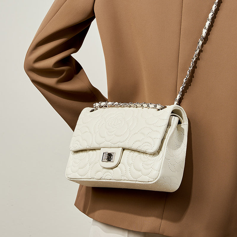 Genuine leather small Chanel style camellia shoulder bag diamond texture chain crossbody bag