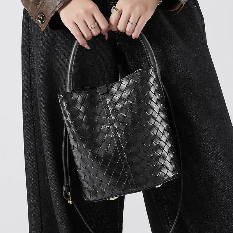 Genuine leather high-end bucket bag versatile woven light luxury shoulder crossbody bag