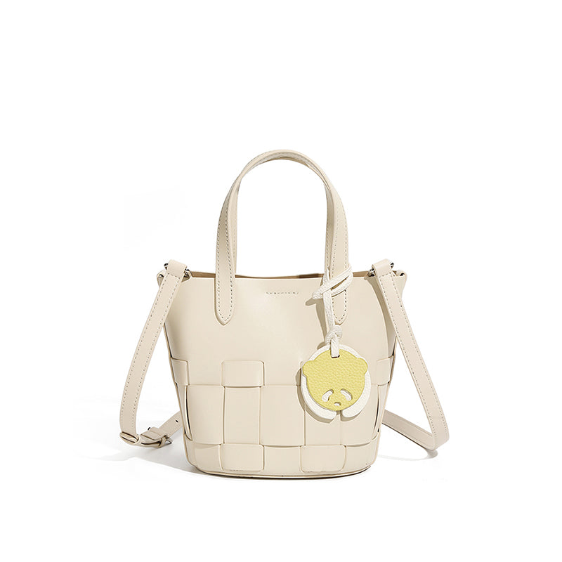 Niche handmade genuine leather woven bucket bag versatile fashion basket bag commuter shoulder messenger bag