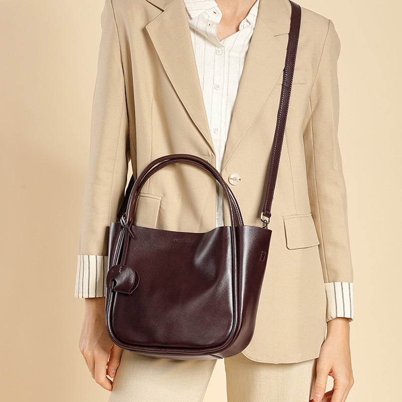 Cowhide shoulder bucket bag genuine leather handbag fashionable shoulder tote bag