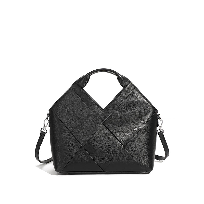 Top layer genuine leather woven handbag inverted triangle design fashionable soft leather handbag crossbody bag for women