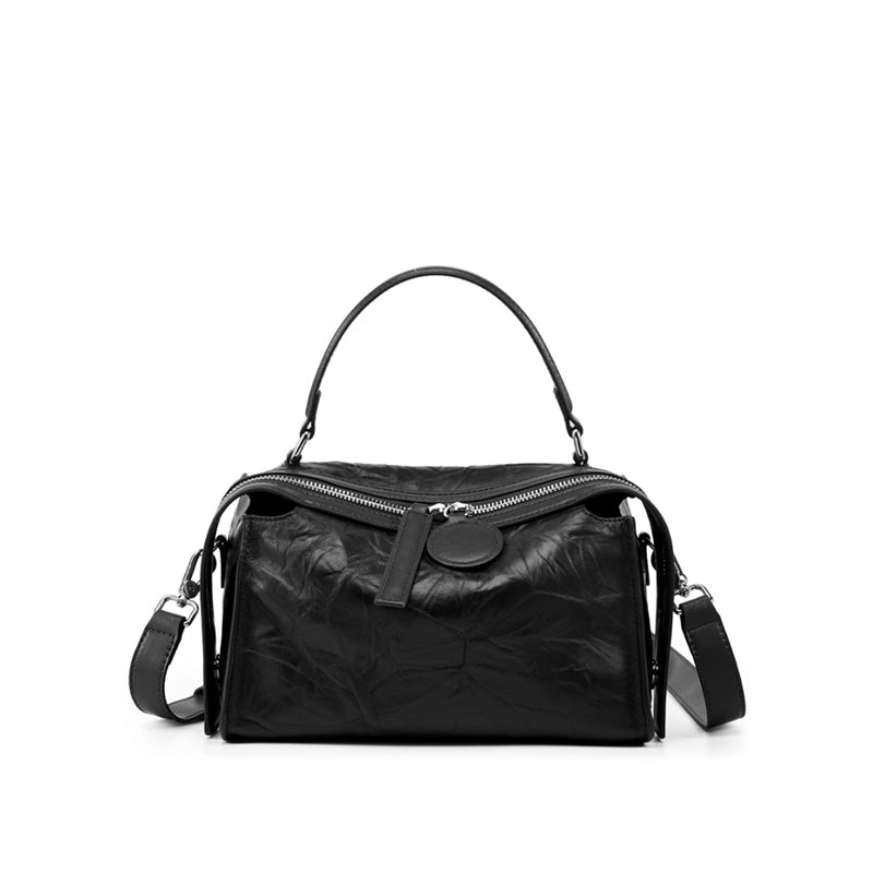 Genuine leather high-end Boston bag light luxury wrinkled cowhide handbag shoulder crossbody bag