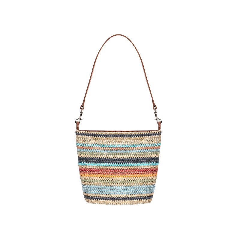 Summer fashion contrast color tote bag niche design straw with genuine leather large capacity commuter versatile handbag
