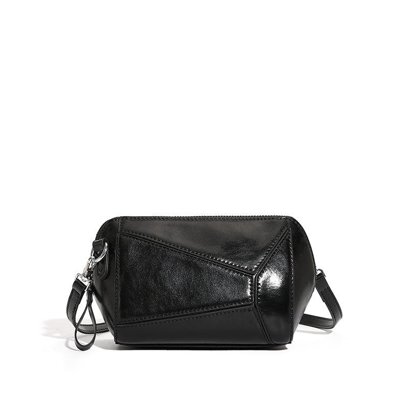 Vegetable tanned cowhide retro leather shoulder bag stylish geometric splicing crossbody bag high-end sense of all-match fashion women's bag