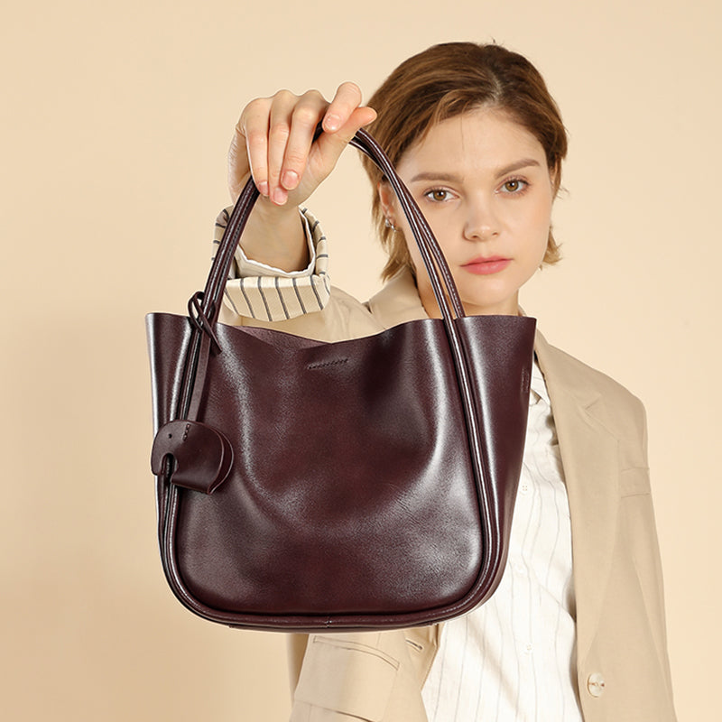 Cowhide shoulder bucket bag genuine leather handbag fashionable shoulder tote bag