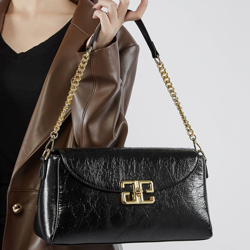 Genuine leather first layer oil wax shoulder bag cowhide fashionable light luxury crossbody bag
