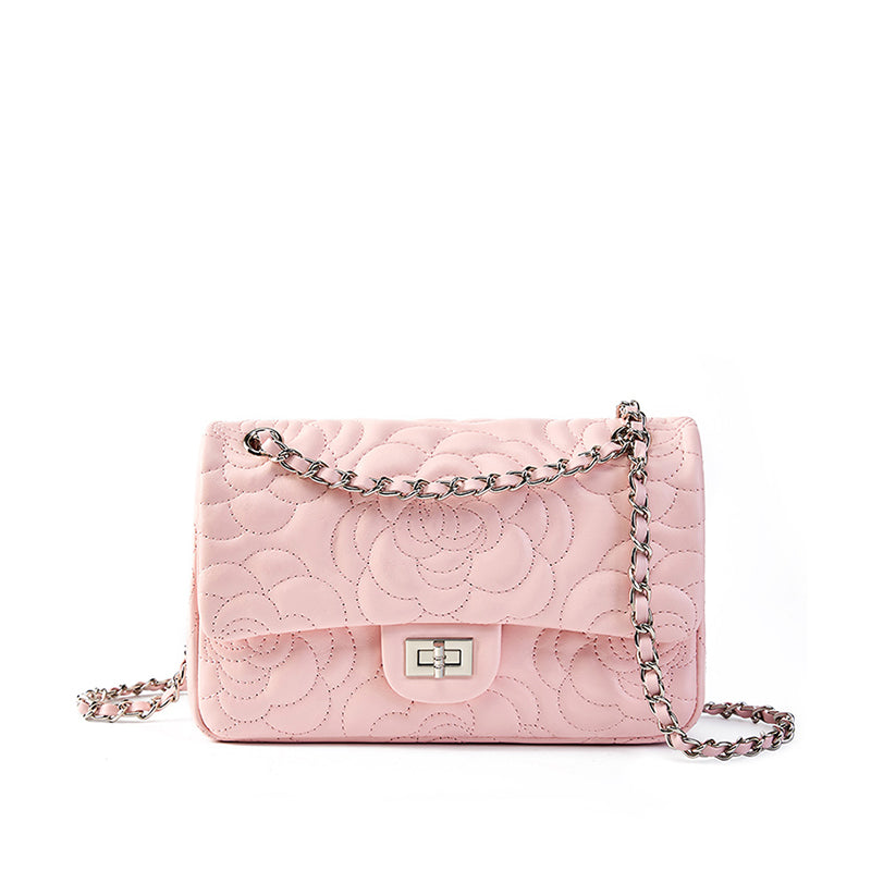 Genuine leather small Chanel style camellia shoulder bag diamond texture chain crossbody bag