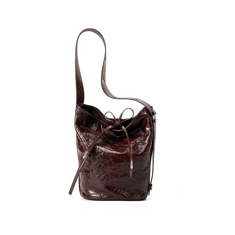 Genuine leather retro classic bucket bag fashionable niche cowhide shoulder crossbody tote bag