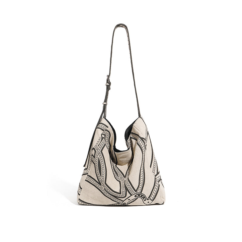 Tote bag with genuine leather canvas bag pony totem lazy style shoulder bag linen print tote bag