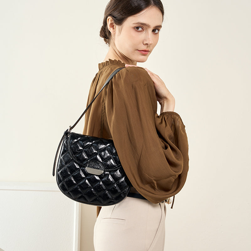 Genuine leather niche semi-circular saddle bag diamond-shaped underarm bag shoulder crossbody bag