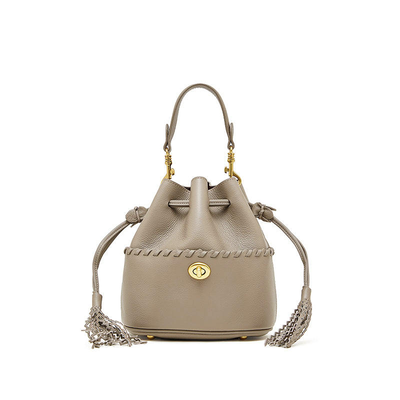 Genuine leather high-grade first-layer cowhide bucket bag tassel niche drawstring shoulder messenger bag