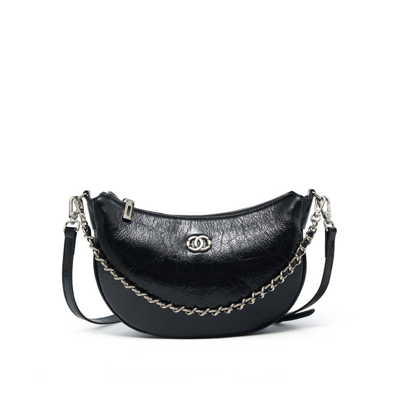 Genuine leather all-match crossbody bag, first layer cracked cowhide one-shoulder simple crescent dumpling bag