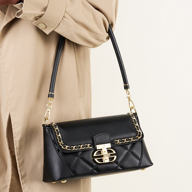 Genuine leather heavy embroidery baguette small square chain bag high-end shoulder underarm bag